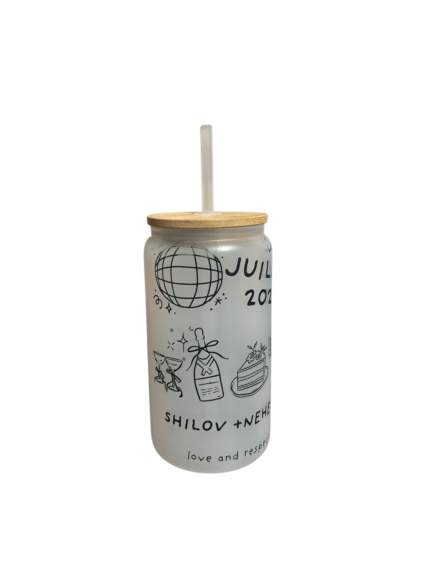 Personalized Glass Can Tumbler with Bamboo Lid, 320ml Frosted Drinking Cup, Reusable Straw for Cold Beverages, Tea, Coffee, White, Custom Your Text and your design