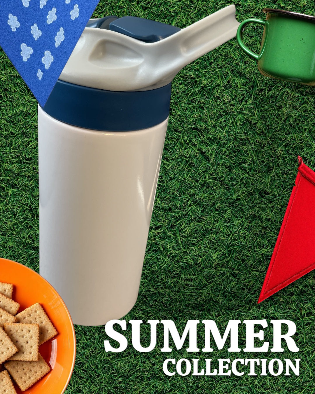 White water bottle with blue cap on grass, surrounded by snacks and a red flag, with 'Summer Collection' text.