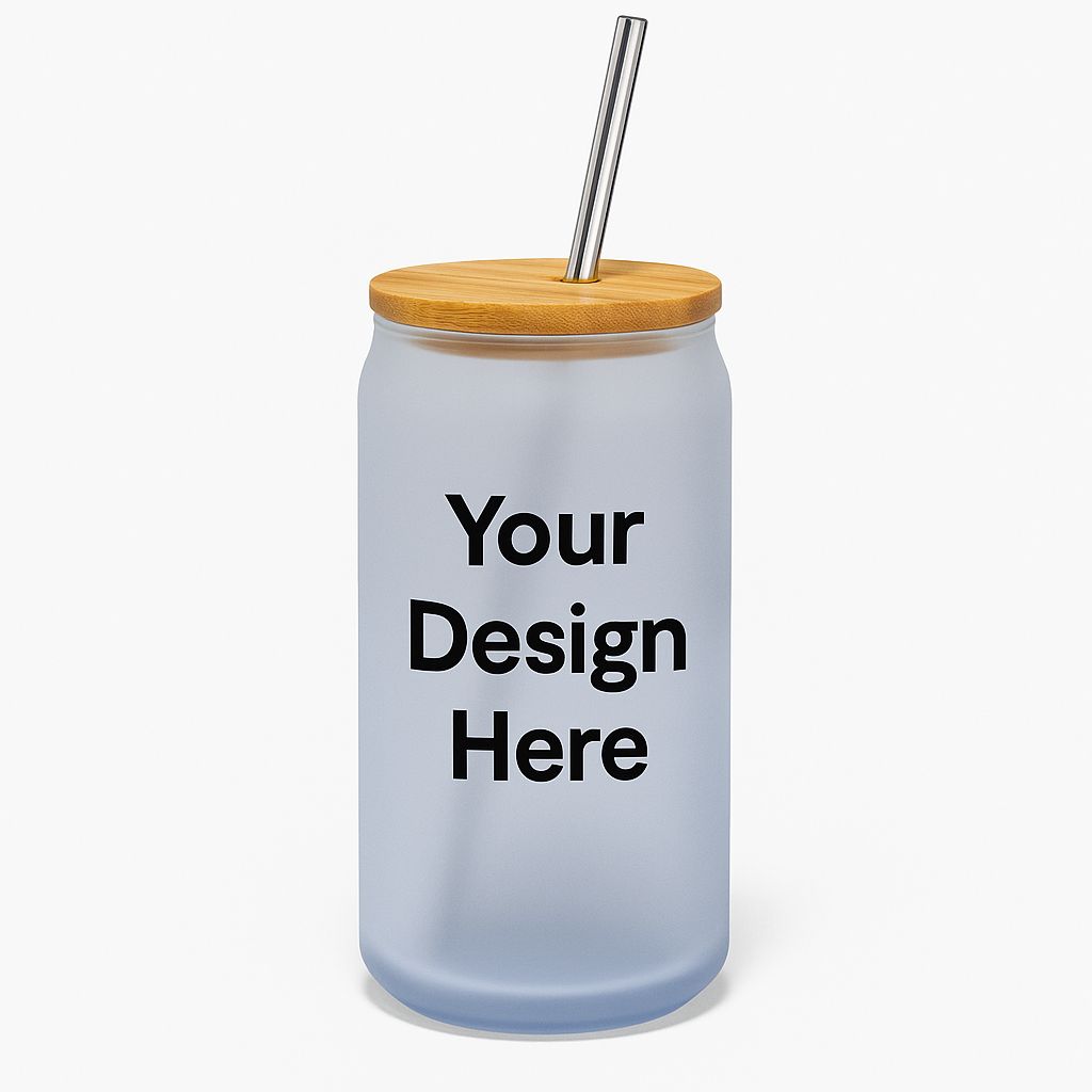 Personalized Glass Can Tumbler with Bamboo Lid, 320ml Frosted Drinking Cup, Reusable Straw for Cold Beverages, Tea, Coffee, White, Custom Your Text and your design